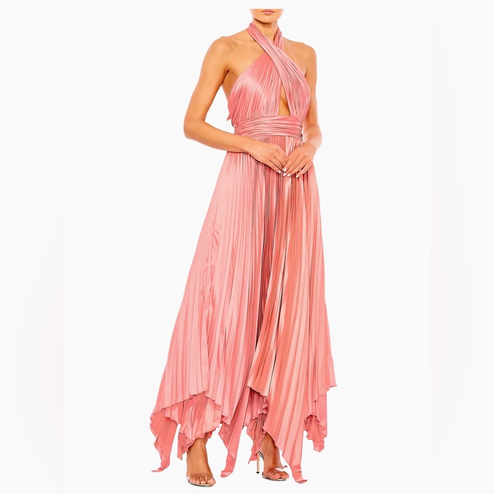 NEW! Mac Duggal's elegant halterneck gown is crafted of lustrous pleated satin.